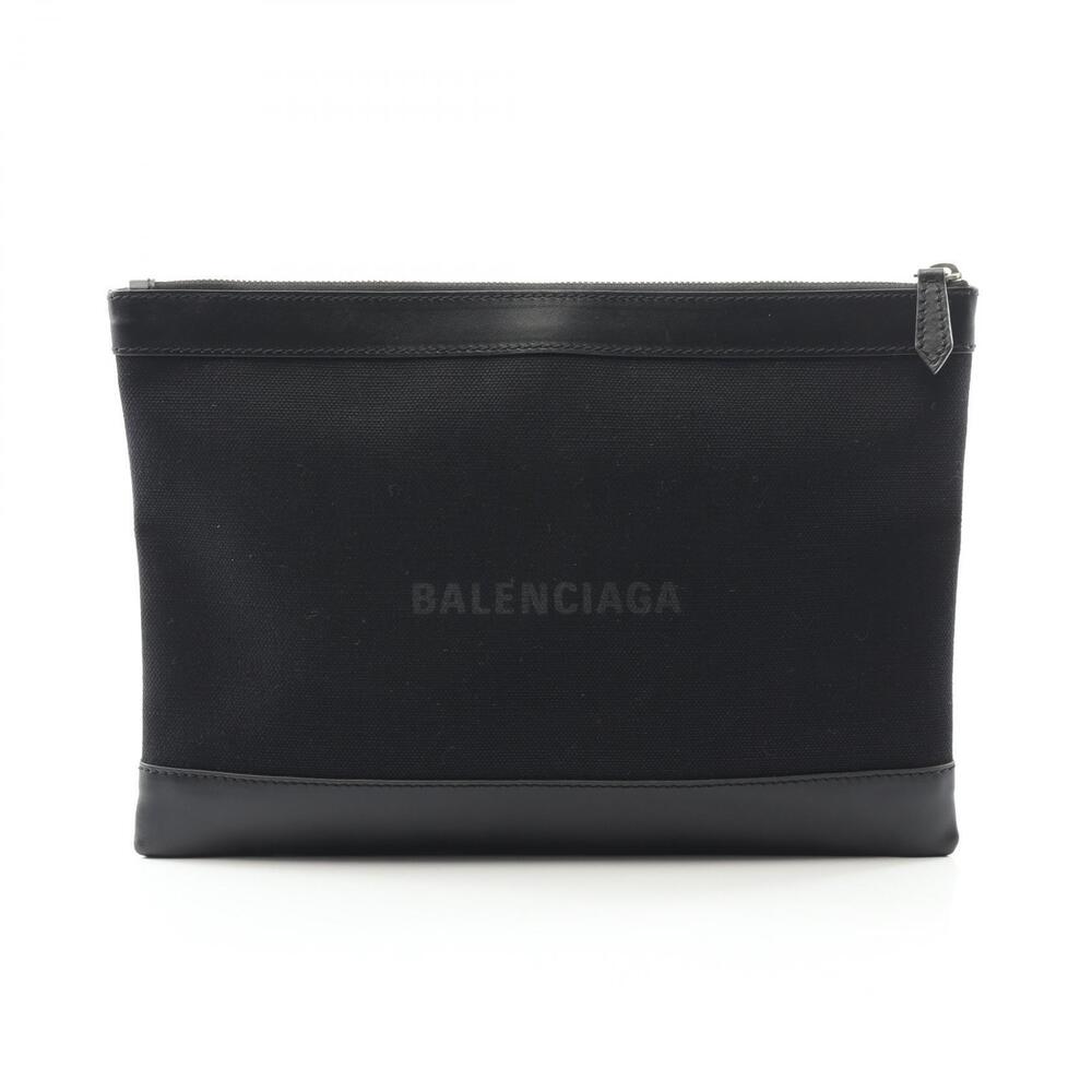 Balenciaga Navy Blue Clip Shoulder Bag Canvas Leather Black